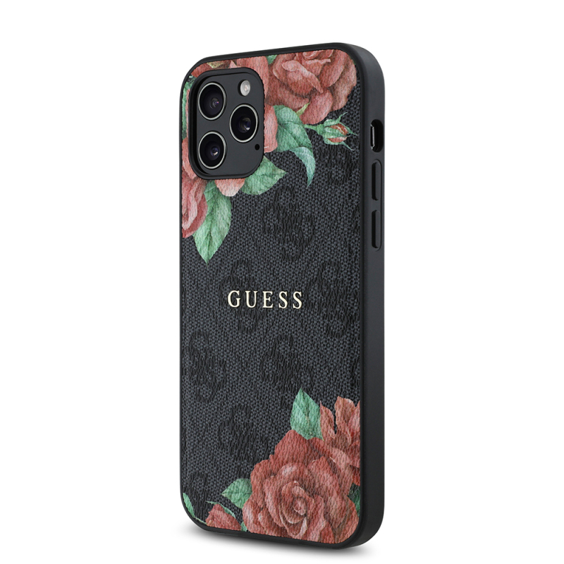 Apple iPhone 12 Pro Case Guess Original Licensed Magsafe Charging Feature Rose Printed 4G Patterned Text Logo Cover - 6