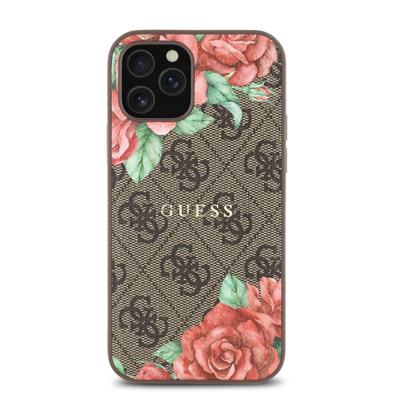 Apple iPhone 12 Pro Case Guess Original Licensed Magsafe Charging Feature Rose Printed 4G Patterned Text Logo Cover - 12