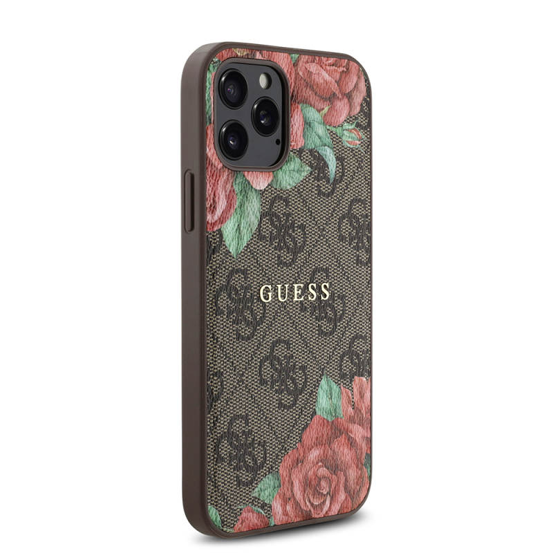 Apple iPhone 12 Pro Case Guess Original Licensed Magsafe Charging Feature Rose Printed 4G Patterned Text Logo Cover - 13