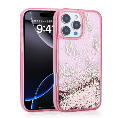 Apple iPhone 12 Pro Case Liquid Glitter Butterfly Printed Transparent Back Surface Zore Glis Silicone Cover - 3