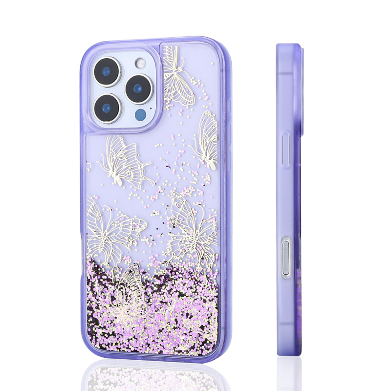 Apple iPhone 12 Pro Case Liquid Glitter Butterfly Printed Transparent Back Surface Zore Glis Silicone Cover - 6