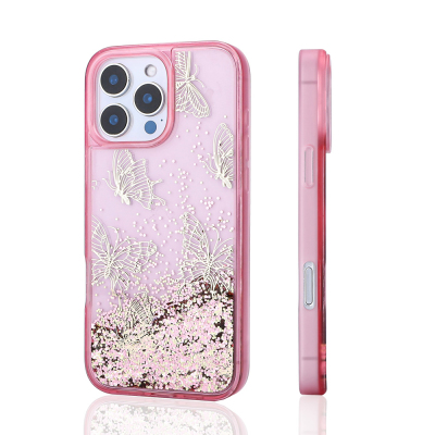 Apple iPhone 12 Pro Case Liquid Glitter Butterfly Printed Transparent Back Surface Zore Glis Silicone Cover - 7