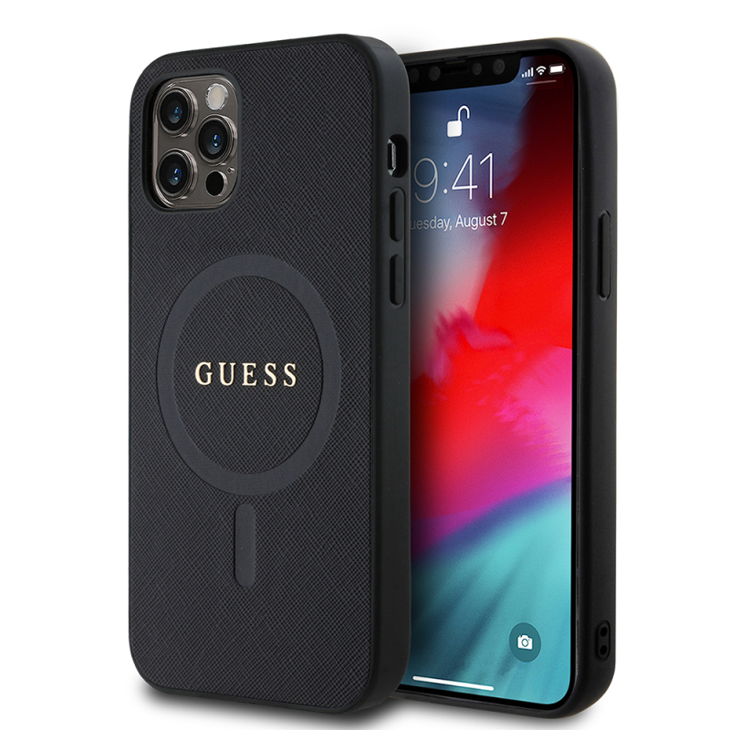 Apple iPhone 12 Pro Kılıf Guess Orjinal Lisanslı Magsafe Şarj Özellikli Yazı Logolu Saffiano Classic Kapak - 1