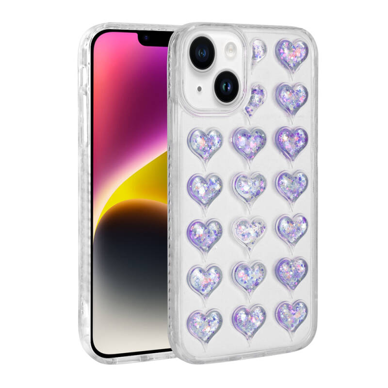 Apple iPhone 13 Case Camera Protected Colorful Heart Patterned Transparent Zore Heart Cover - 1