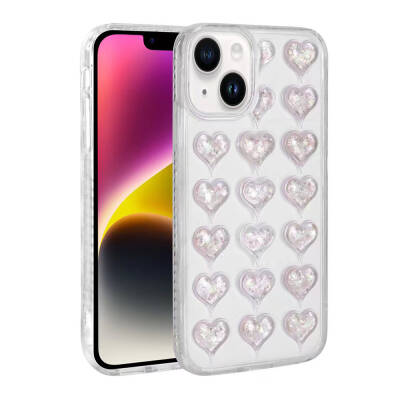 Apple iPhone 13 Case Camera Protected Colorful Heart Patterned Transparent Zore Heart Cover - 3