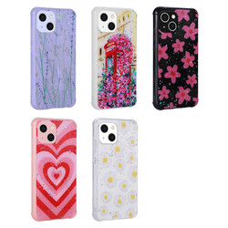 Apple iPhone 13 Case Glittery Patterned Camera Protected Shiny Zore Popy Cover - 7