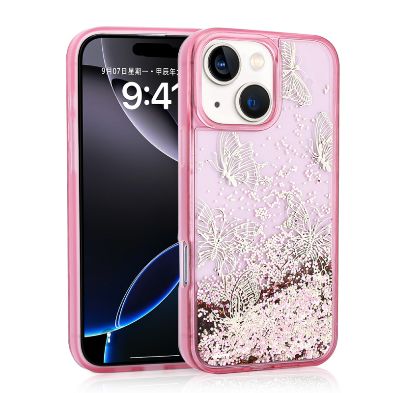 Apple iPhone 13 Case Liquid Glitter Butterfly Printed Transparent Back Surface Zore Glis Silicone Cover - 3