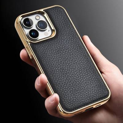 Apple iPhone 13 Case Wiwu Genuine Leather Gold Calfskin Original Leather Cover - 11