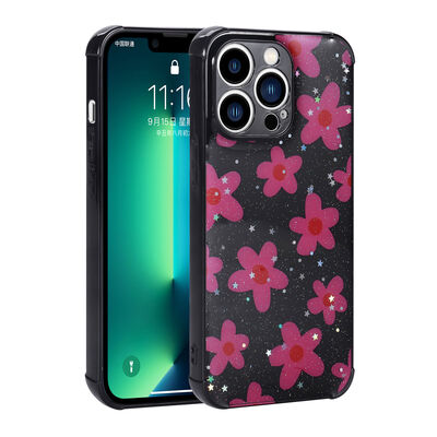 Apple iPhone 13 Pro Case Glittery Patterned Camera Protected Shiny Zore Popy Cover - 5