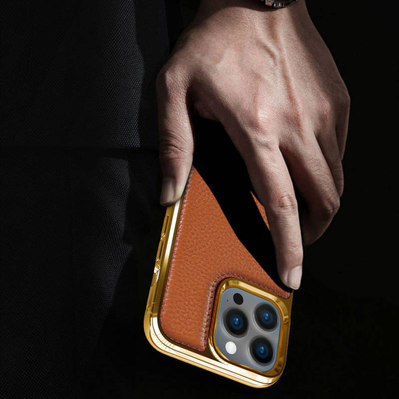 Apple iPhone 13 Pro Case Wiwu Genuine Leather Gold Calfskin Original Leather Cover - 10