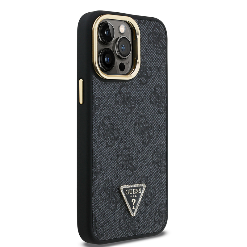 Apple iPhone 13 Pro Max Case Guess Original Licensed PU Leather Stone Triangle Logo 4G Patterned Camera Stand Cover - 7