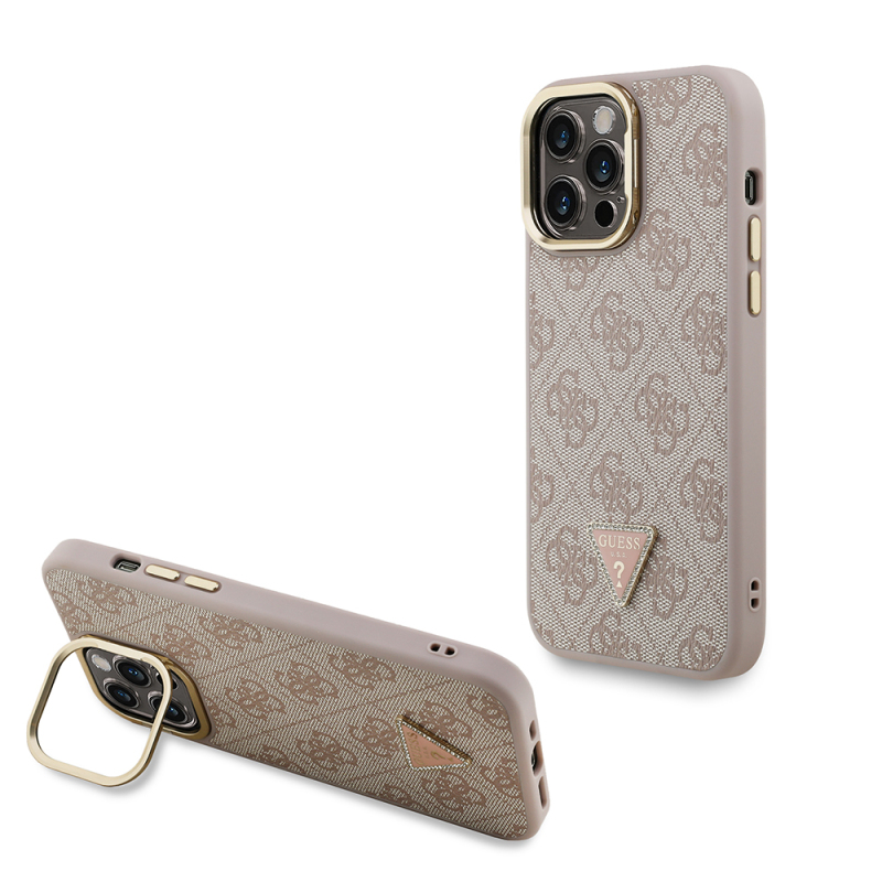 Apple iPhone 13 Pro Max Case Guess Original Licensed PU Leather Stone Triangle Logo 4G Patterned Camera Stand Cover - 3
