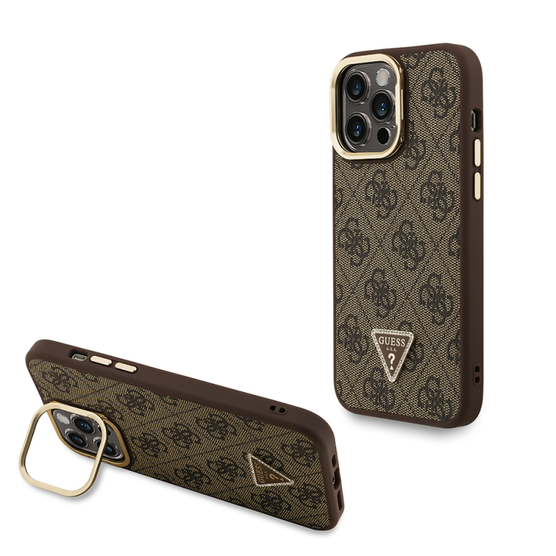 Apple iPhone 13 Pro Max Case Guess Original Licensed PU Leather Stone Triangle Logo 4G Patterned Camera Stand Cover - 4