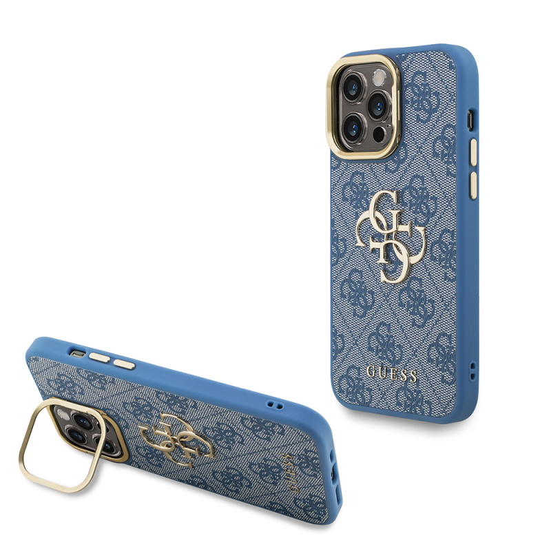 Apple iPhone 13 Pro Max Kılıf Guess Orjinal Lisanslı PU Deri 4G Desenli Metal Büyük 4G ve Yazı Logolu Kamera Standlı Kapak - 1