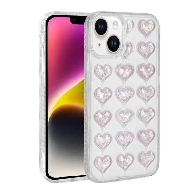 Apple iPhone 14 Case Camera Protected Colorful Heart Patterned Transparent Zore Heart Cover - 3