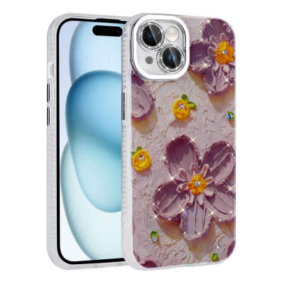 Apple iPhone 14 Case Flower Patterned Shiny Stone Hard Silicone Zore Garden Cover - 2