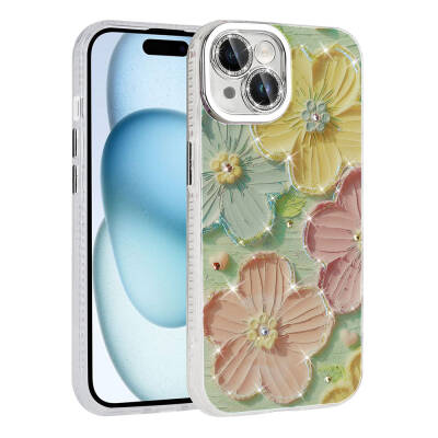 Apple iPhone 14 Case Flower Patterned Shiny Stone Hard Silicone Zore Garden Cover - 5