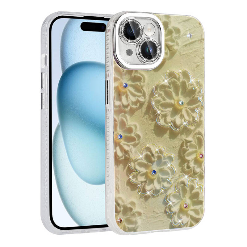 Apple iPhone 14 Case Flower Patterned Shiny Stone Hard Silicone Zore Garden Cover - 9