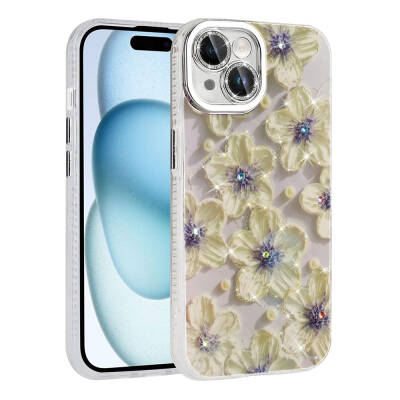 Apple iPhone 14 Case Flower Patterned Shiny Stone Hard Silicone Zore Garden Cover - 4