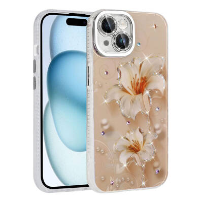 Apple iPhone 14 Case Flower Patterned Shiny Stone Hard Silicone Zore Garden Cover - 8