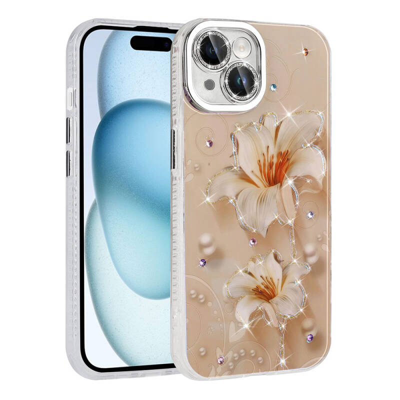 Apple iPhone 14 Case Flower Patterned Shiny Stone Hard Silicone Zore Garden Cover - 8