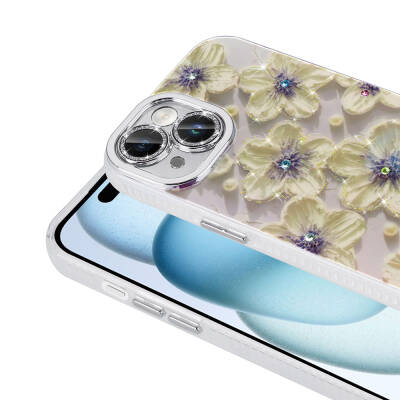 Apple iPhone 14 Case Flower Patterned Shiny Stone Hard Silicone Zore Garden Cover - 13