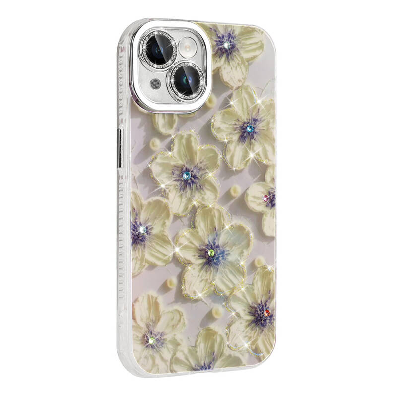 Apple iPhone 14 Case Flower Patterned Shiny Stone Hard Silicone Zore Garden Cover - 14