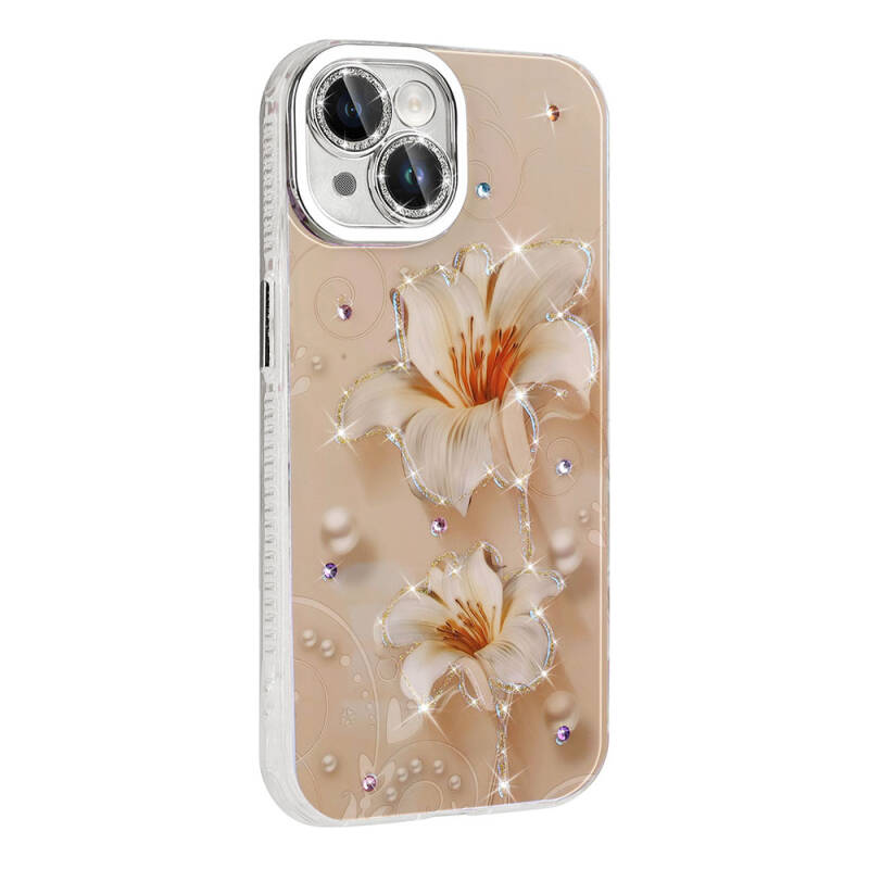 Apple iPhone 14 Case Flower Patterned Shiny Stone Hard Silicone Zore Garden Cover - 16