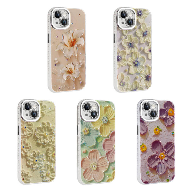 Apple iPhone 14 Case Flower Patterned Shiny Stone Hard Silicone Zore Garden Cover - 17