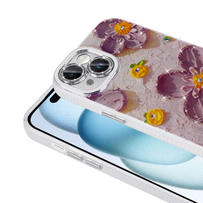 Apple iPhone 14 Case Flower Patterned Shiny Stone Hard Silicone Zore Garden Cover - 3