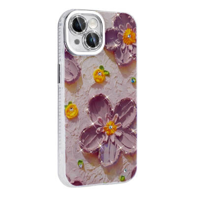 Apple iPhone 14 Case Flower Patterned Shiny Stone Hard Silicone Zore Garden Cover - 6