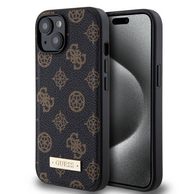 Apple iPhone 14 Case Guess Magsafe Charging Featured PU Leather Patterned Metal Plate Logo Cover - 1