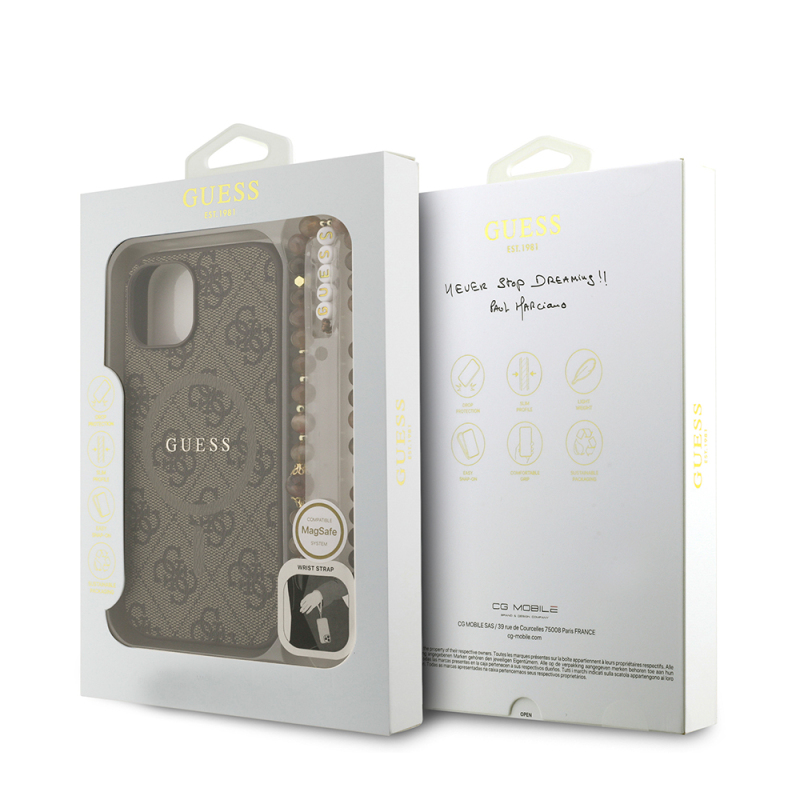 Apple iPhone 14 Case Guess Original Licensed M-safe Charging Feature PU Leather Wrist Strap Rope Cover Text Logo - 9