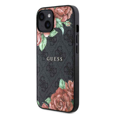 Apple iPhone 14 Case Guess Original Licensed Magsafe Charging Feature Rose Printed 4G Patterned Text Logo Cover - 11