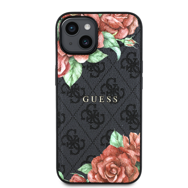 Apple iPhone 14 Case Guess Original Licensed Magsafe Charging Feature Rose Printed 4G Patterned Text Logo Cover - 12