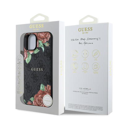 Apple iPhone 14 Case Guess Original Licensed Magsafe Charging Feature Rose Printed 4G Patterned Text Logo Cover - 17