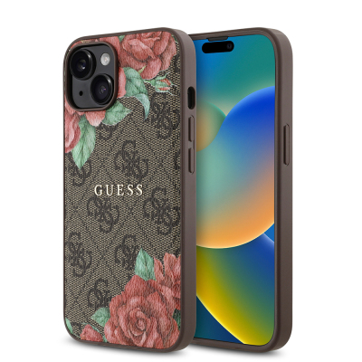 Apple iPhone 14 Case Guess Original Licensed Magsafe Charging Feature Rose Printed 4G Patterned Text Logo Cover - 1