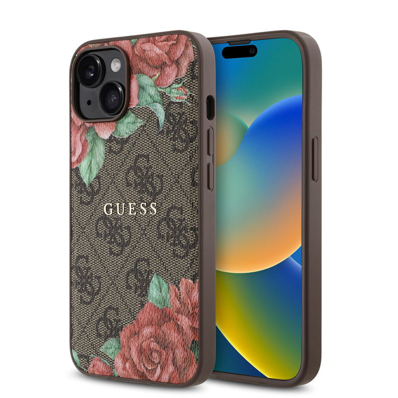 Apple iPhone 14 Case Guess Original Licensed Magsafe Charging Feature Rose Printed 4G Patterned Text Logo Cover - 1