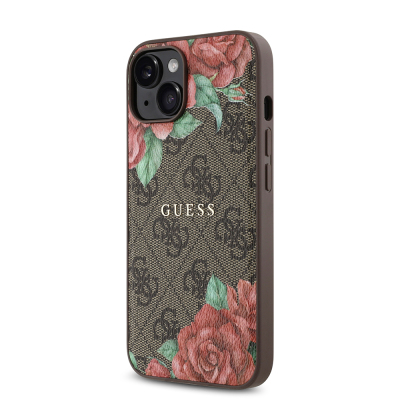 Apple iPhone 14 Case Guess Original Licensed Magsafe Charging Feature Rose Printed 4G Patterned Text Logo Cover - 3