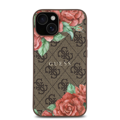 Apple iPhone 14 Case Guess Original Licensed Magsafe Charging Feature Rose Printed 4G Patterned Text Logo Cover - 4