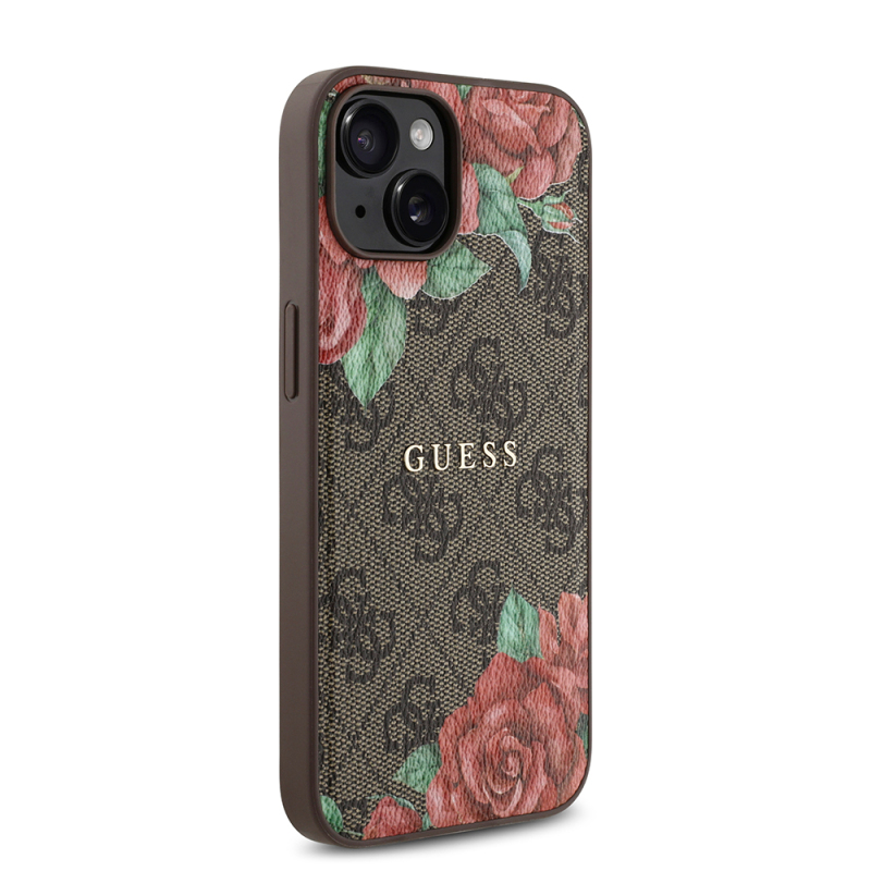 Apple iPhone 14 Case Guess Original Licensed Magsafe Charging Feature Rose Printed 4G Patterned Text Logo Cover - 5