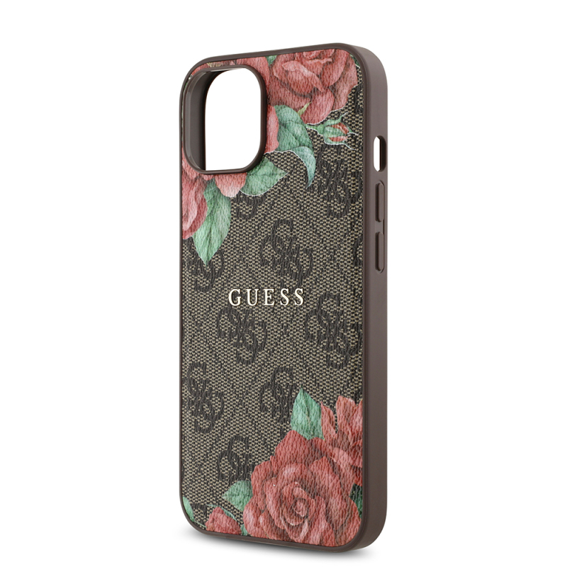 Apple iPhone 14 Case Guess Original Licensed Magsafe Charging Feature Rose Printed 4G Patterned Text Logo Cover - 7