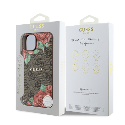 Apple iPhone 14 Case Guess Original Licensed Magsafe Charging Feature Rose Printed 4G Patterned Text Logo Cover - 9