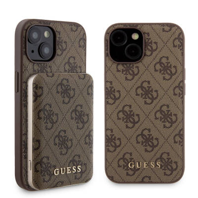 Apple iPhone 14 Case Guess Original Licensed Magsafe Charging Feature Text Logo and 4G Patterned Cover + Powerbank 5000mAh 2in1 Set - 12