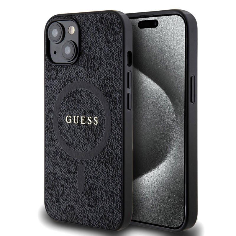 Apple iPhone 14 Case Guess Original Licensed Magsafe Charging Featured PU Ring 4G Patterned Text Logo Cover - 1