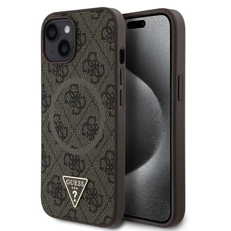 Apple iPhone 14 Case Guess Original Licensed Magsafe Charging Featured PU Triangle Logo 4G Patterned Cover - 10