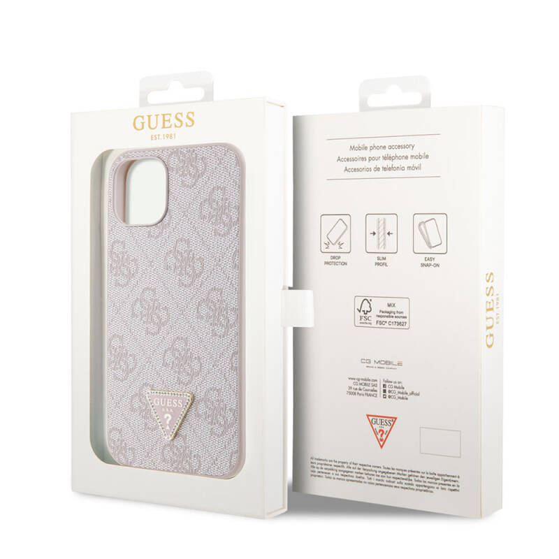 Apple iPhone 14 Case Guess Original Licensed PU Leather Stoned Triangle Logo 4G Patterned Cover - 7