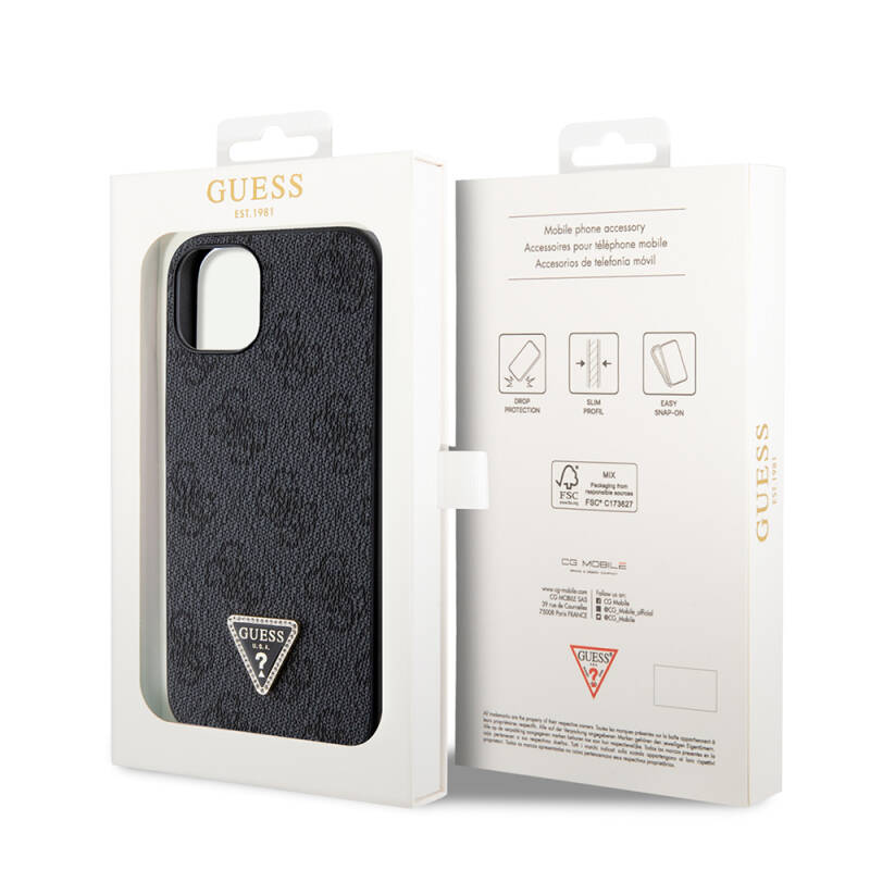 Apple iPhone 14 Case Guess Original Licensed PU Leather Stoned Triangle Logo 4G Patterned Cover - 19