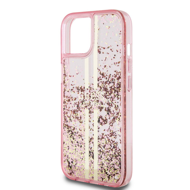 Apple iPhone 14 Case Guess Original Licensed Transparent Liquid Glitter Gold Striped Cover - 8