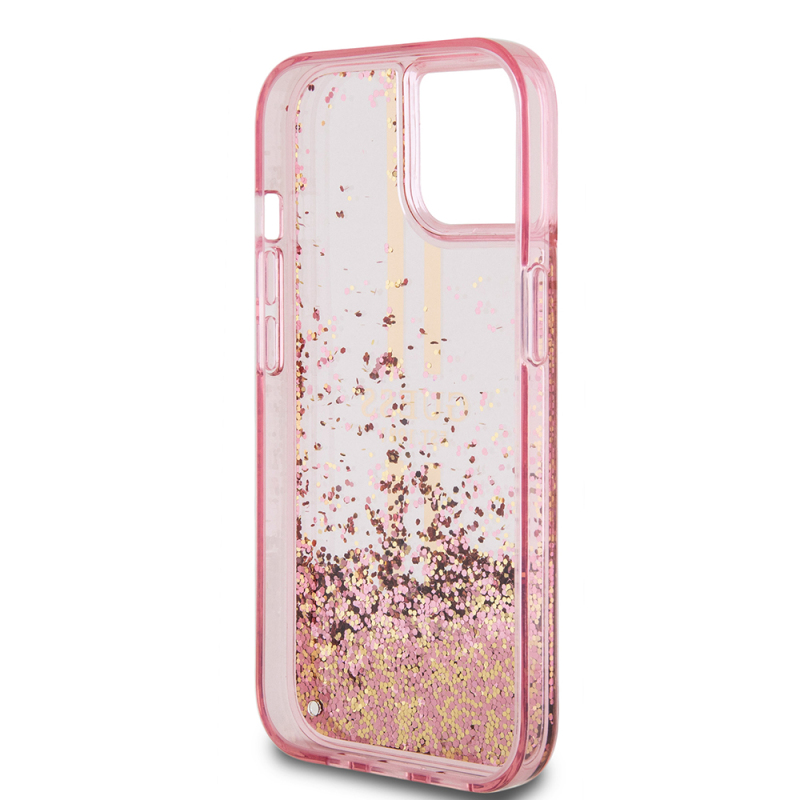 Apple iPhone 14 Case Guess Original Licensed Transparent Liquid Glitter Gold Striped Cover - 9